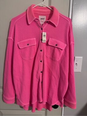 aerie Hot Pink Waffle Knit Button-Down Shirt